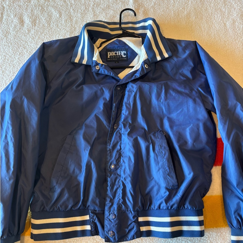 Vintage Pacific Navy Blue Striped Collar Bomber Jacket